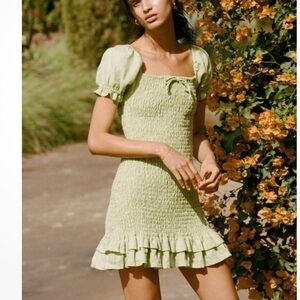 Faithful the Brand Cette Linen Lime Green Smocked Ruffled Mini Dress Sz L